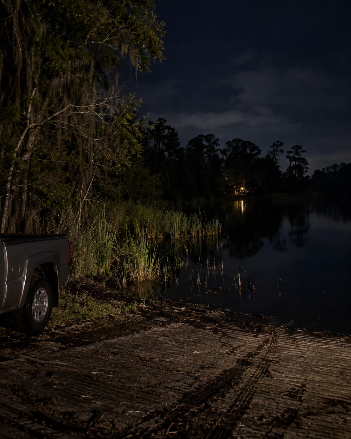 A small distant light shows through trees beyond a dark boat ramp and water.