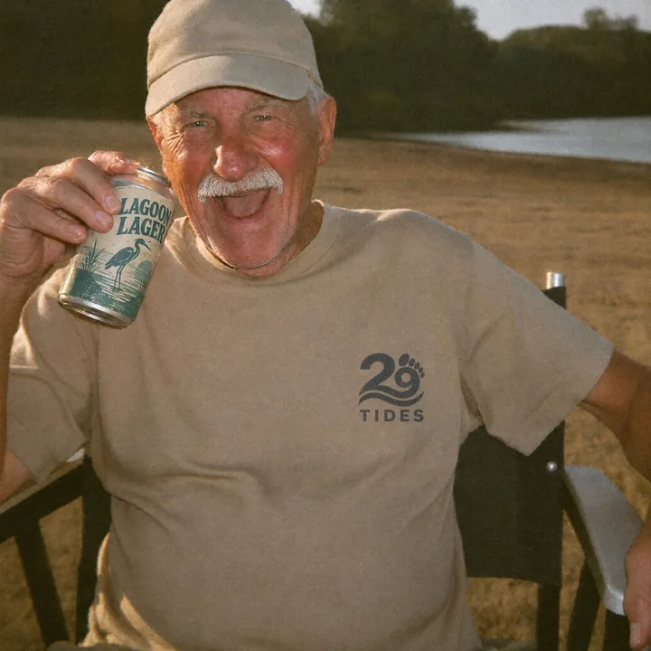 An older angler laughing in a camp chair on the riverbank, wearing the 29 Tides shirt.