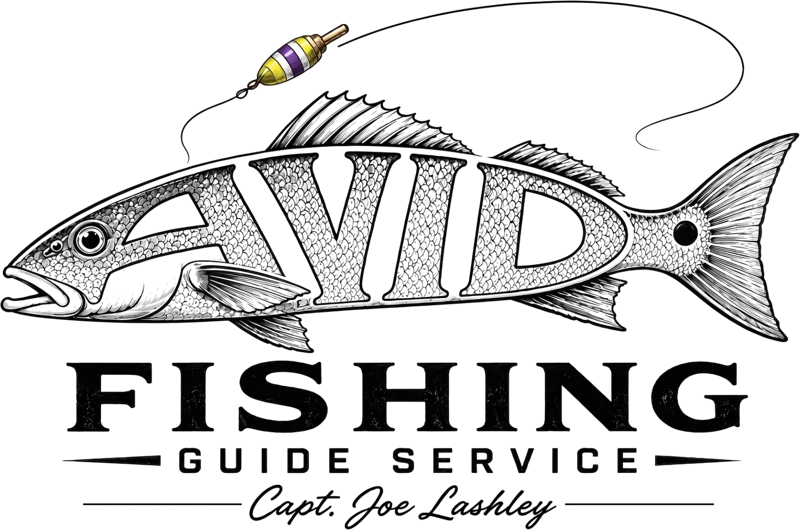 Avid Fishing Guide Service logo: an engraved redfish with AVID cut through its body under a purple and gold popping cork, signed Capt. Joe Lashley.