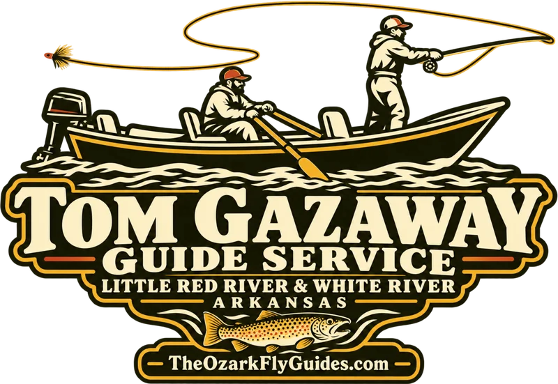 Tom Gazaway Guide Service logo: a guide rows a drift boat while an angler casts a fly line overhead, a brown trout under the lettering, Little Red River & White River, Arkansas.