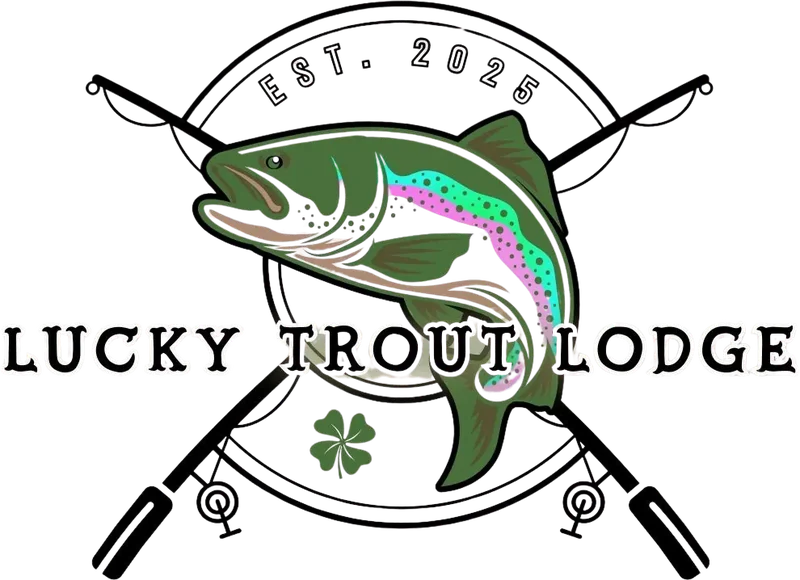 Lucky Trout Lodge logo: a rainbow trout leaps across two crossed fly rods inside a ring marked Est. 2025, a four-leaf clover on its side.