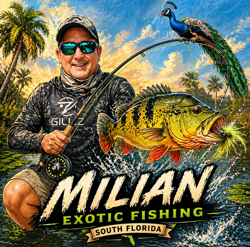 Milian Exotic Fishing logo: an angler in sunglasses holds a peacock bass on a fly rod, a peacock on the rod tip, palms behind, South Florida on a banner.