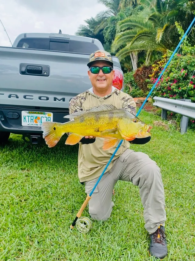 An angler kneels on the grass with a peacock bass and a fly rod, a pickup behind him.